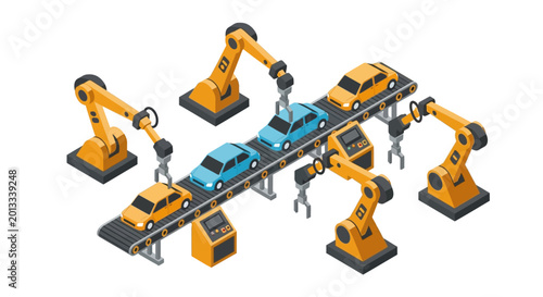 Isometric illustration of automated car manufacturing assembly line with robotic arms.