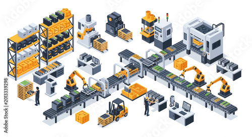Isometric factory assembly line with robotic arms and manufacturing equipment.