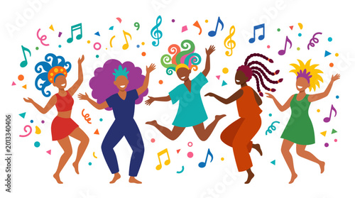 Foto Joyful, colorful scene of animated dancers dancing at a lively party with confetti and music