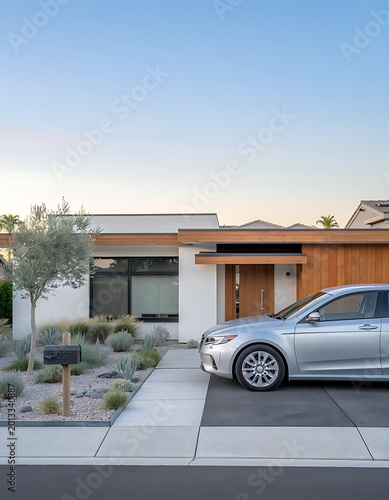 Modern Suburban House Exterior with Silver Car in Driveway.