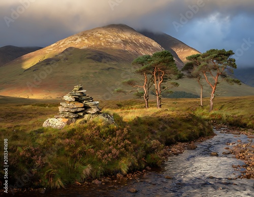Mountain landscape with cairn and stream.