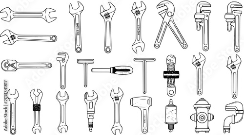 Bild auf Leinwand Hand-Drawn Plumbing Tools Collection: Wrenches, Pipe Cutters, and More - Vector
