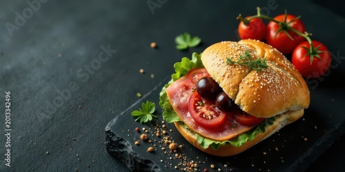 A delectable sandwich, featuring savory ham, ripe tomatoes, and briny olives, nestled in a sesame seed bun, rests on a dark slate surface, adorned with fresh herbs and a scattering of spices.