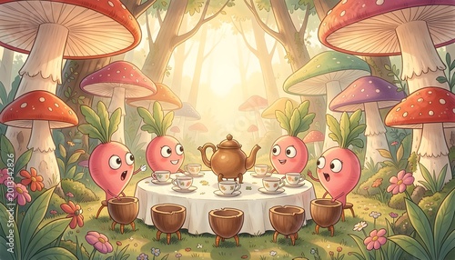 A whimsical tea party set within a mushroom forest, where the teacups are made of hollowed-out acorns 