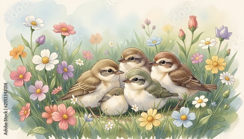 A whimsical scene of baby birds nestled amongst vibrant wildflowers