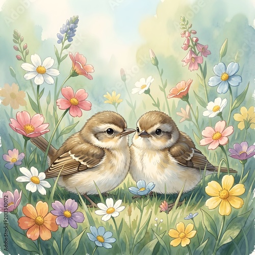 A whimsical scene of baby birds nestled amongst vibrant wildflowers