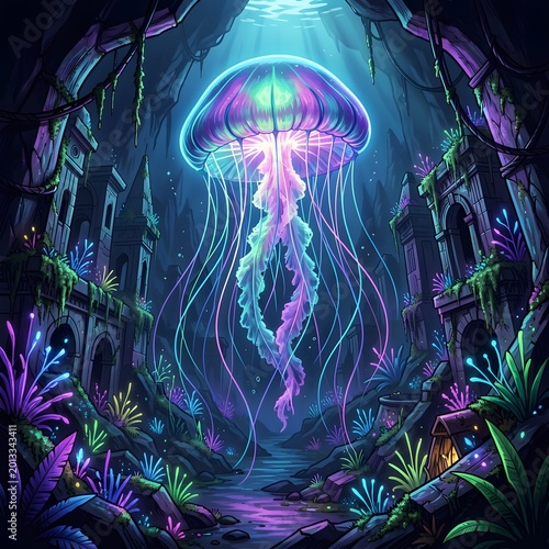 A majestic, bioluminescent jellyfish gracefully drifts through a deep-sea trench