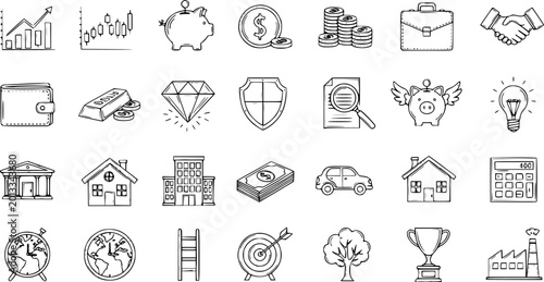 Hand-Drawn Business and Finance Icons: Growth, Savings, Wealth, Investments, and Success