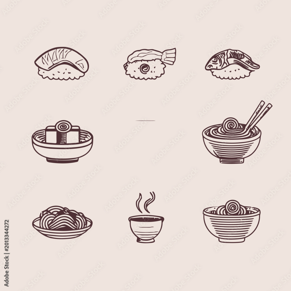 Fototapeta premium A charming collection of Japanese food icons featuring sushi, noodles, and other delicious dishes, perfect for culinary designs