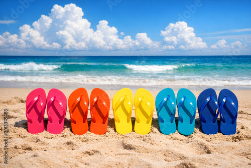 Colorful flip flops lined up on a tropical beach