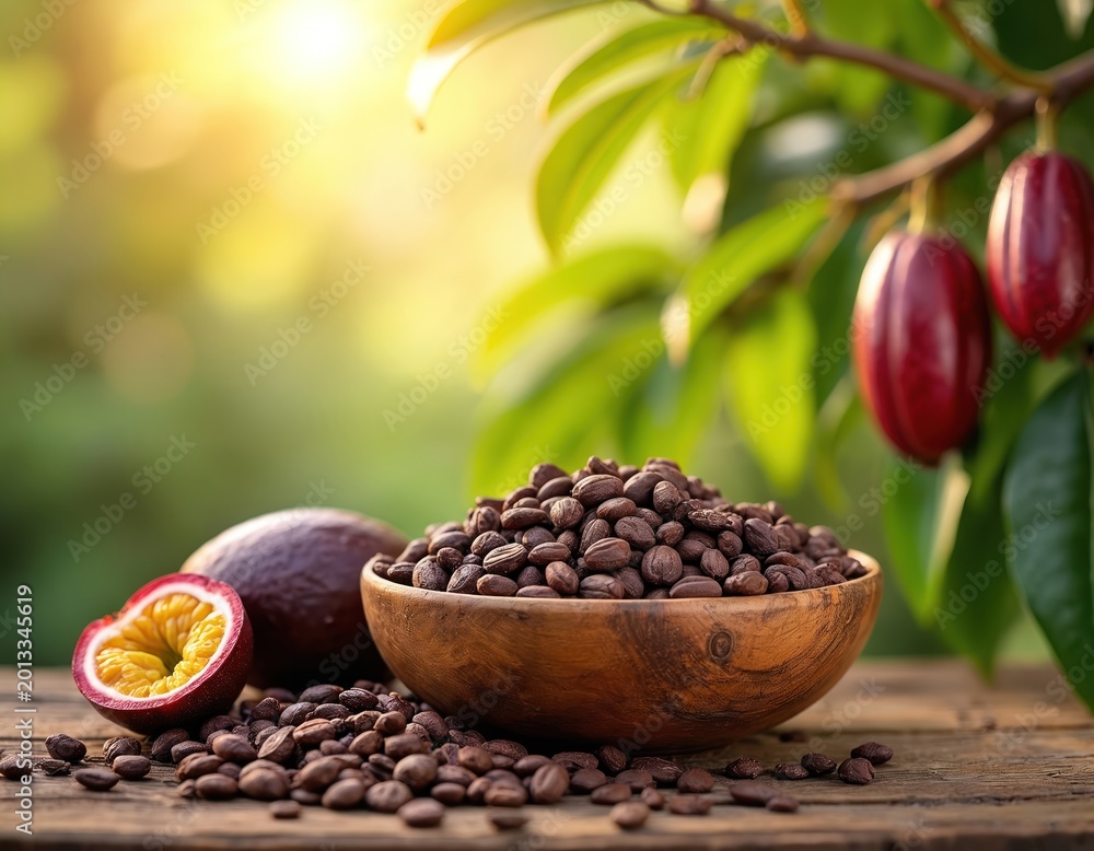 Obraz premium Wooden bowl holds cacao nibs with passionfruit nearby. Red cocoa pods hang on a vine in soft sunlight. Ingredients for healthy sweet treats.