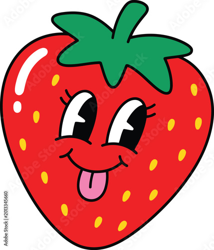 Cute cartoon strawberry with green leaves and smiling face on white background for food
