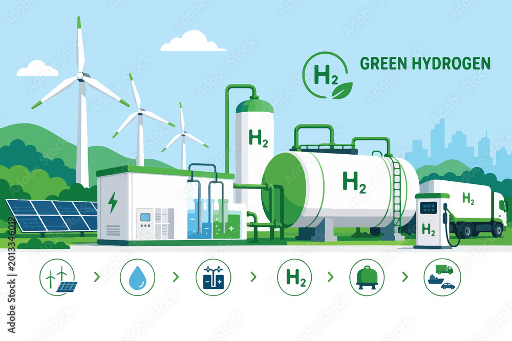 Obraz premium Green Hydrogen Energy Production and Storage Infographic Illustration