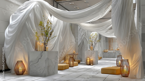 Serene Wedding Venue with White Drapes and Soft Lighting.