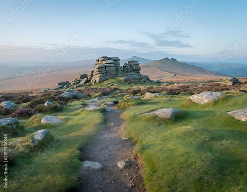 Rocky landscape with hiking trail path.