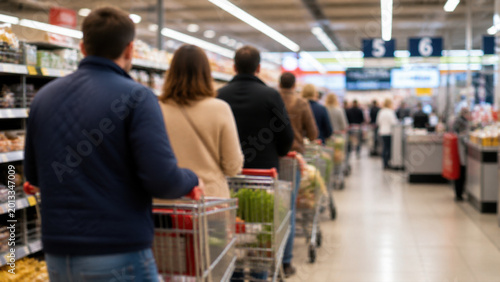 Queue of shoppers with carts in supermarket checkout area. Everyday grocery shopping, consumer demand, retail industry and modern urban lifestyle concept.