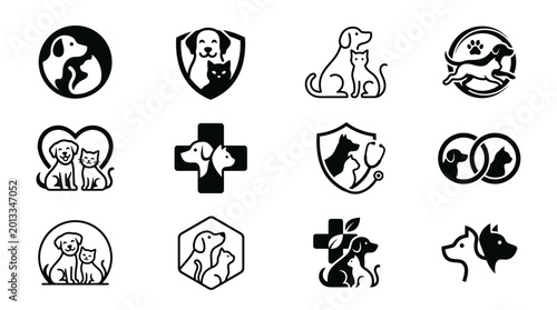 Black and white dog icons set.