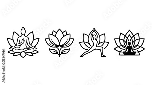 Black line art lotus flower icons.