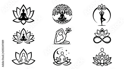 Yoga poses with lotus flowers combined.