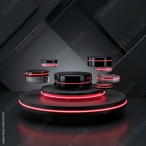 Black product display podium with glowing red neon lights