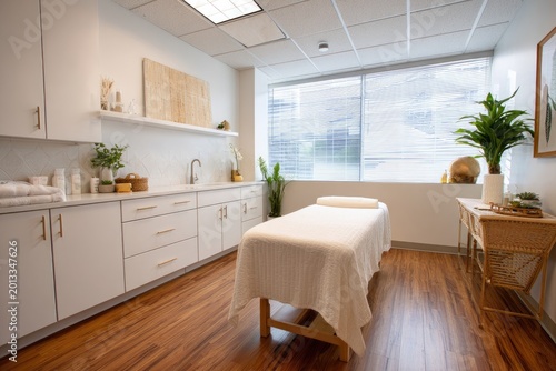 Spa room with massage table, white cabinetry, & natural light