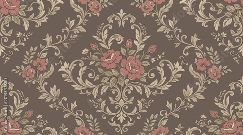 Foto Elegant damask floral wallpaper pattern with ornate scrollwork and vintage texture