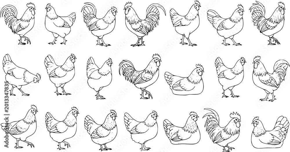 Fototapeta premium Various Chicken and Rooster Line Art Set. Hand-drawn Outline Sketches of Farm Poultry Birds. Collection of Hens and Roosters in Different Poses, White Background Drawing.