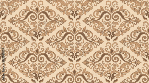 Photos Intricate Beige Damask Pattern with Elegant Repeating Motifs.