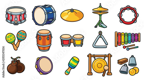 Fotografija Collection of various percussion musical instruments, isolated on a white background