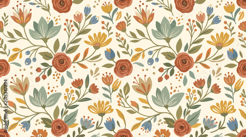 Floral Pattern of Leaves and Blossoms in Warm Autumn Tones.