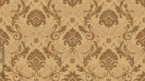 Fotografia Elegant Damask Pattern Wallpaper in Gold and Brown Tones for Interior Decor