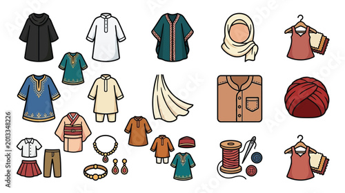 Foto Collection of Islamic clothing and accessories for men, women, and children, including traditional garments and modern interpretations
