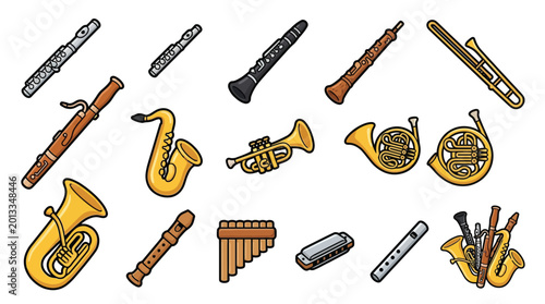 Foto Collection of various musical instruments, including wind and brass instruments, isolated on a white background