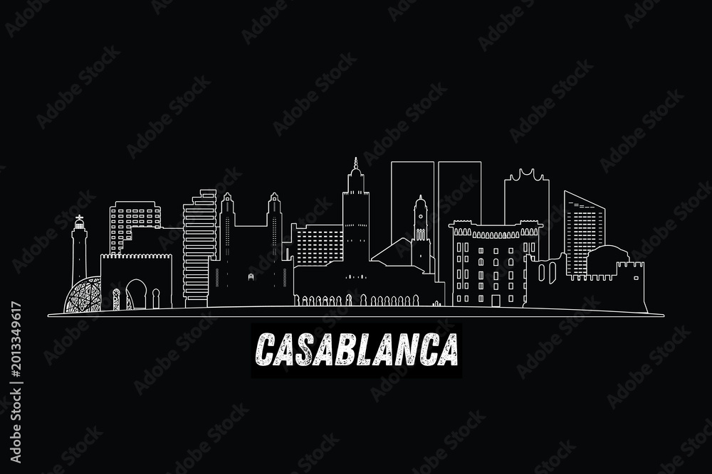 Obraz premium Minimal Casablanca, Morocco skyline line art with iconic landmarks and modern architecture isolated on black background illustration.