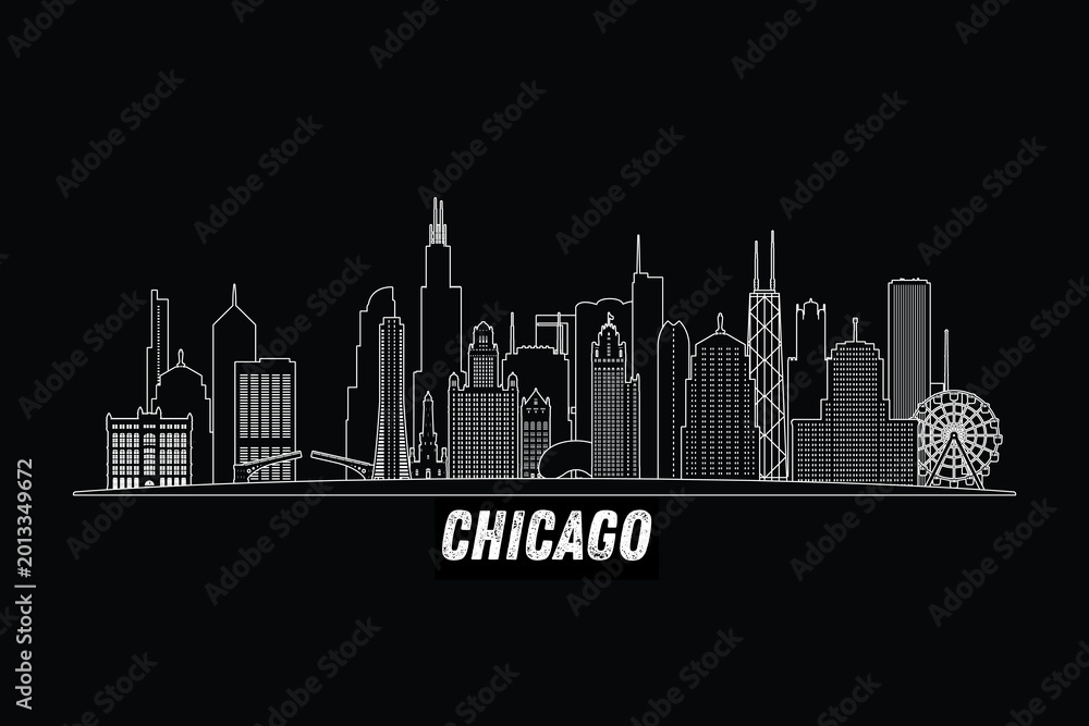Fototapeta premium Minimal Chicago, Illinois, USA skyline line art with iconic landmarks and modern architecture isolated on black background illustration.