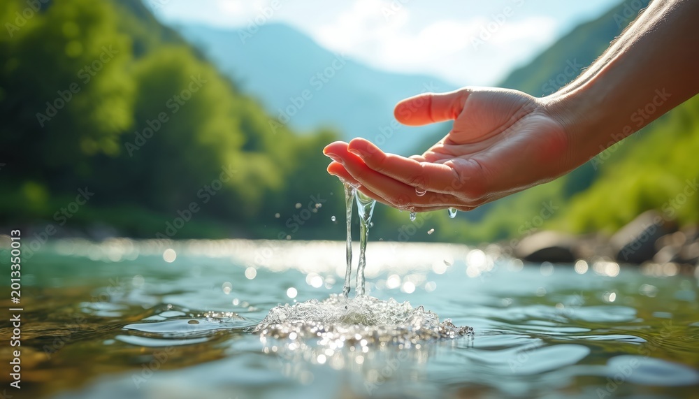 Fototapeta premium Hand scoops pure river water. Natural liquid flows down from cupped palms. Background shows green hills and mountains. Bright sun shines on water.
