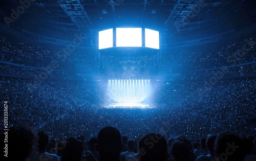 Concert crowd enjoying music performance in a blue arena