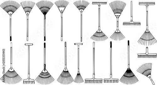 Canvastavla Detailed black and white line art illustration set of various garden rakes, including leaf and bow rakes, essential gardening tools for yard work and landscaping