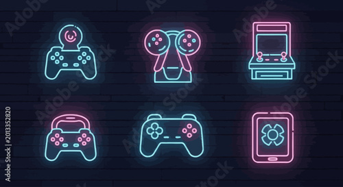 Neon gaming controllers and devices icons.