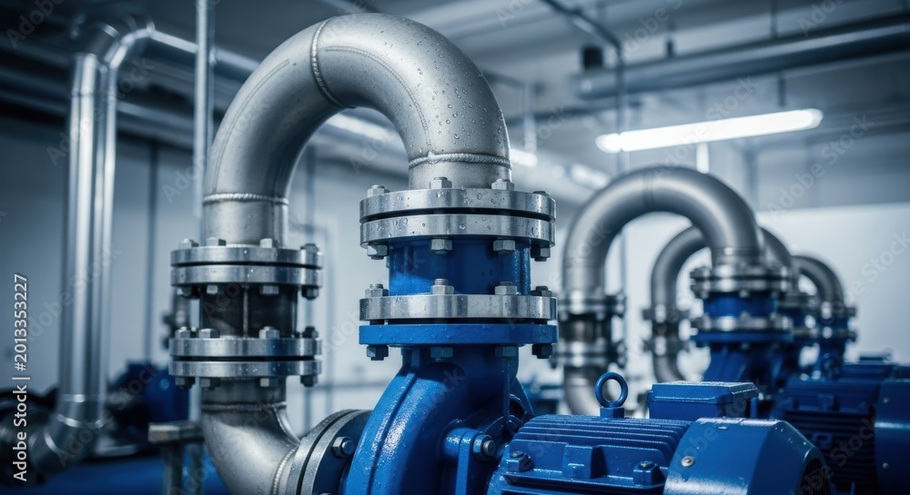 Obraz premium pump system with large stainless steel pipes in industrial facility setting