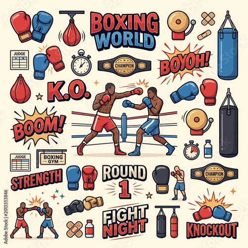 Foto A vibrant collection of cartoon-style boxing illustrations featuring fighters, equipment, and related text elements