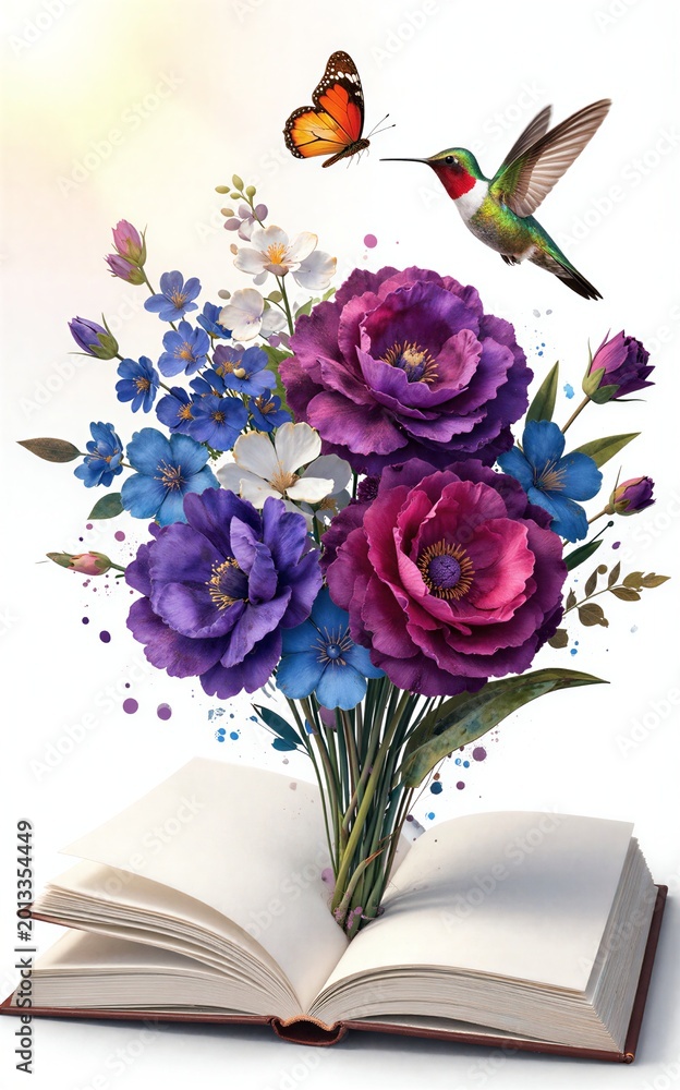 Fototapeta premium Vibrant flowers bloom from an open book with a hummingbird and