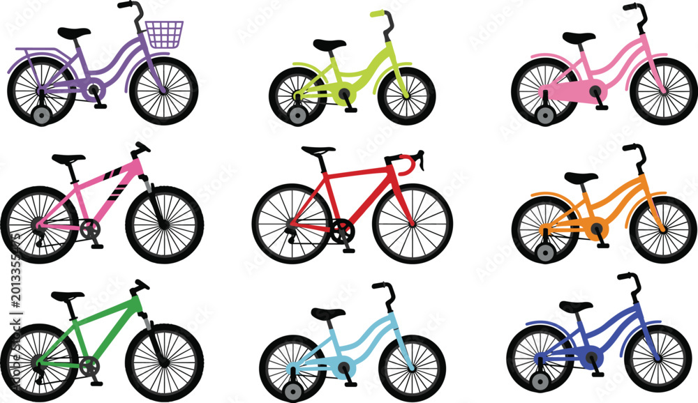 Naklejka premium Colorful bicycle collection vector set featuring city bikes road bikes mountain bikes and kids bicycles isolated on white background