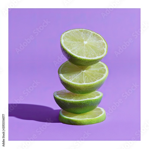 Stacked lime slices on vibrant purple background. Shadows enhance the aesthetic