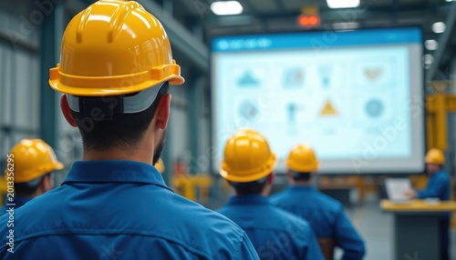 Workers in blue overalls, yellow hard hats attend safety training in factory. Instructor presents information on large screen display. Team listens to lecture in industrial setting learning