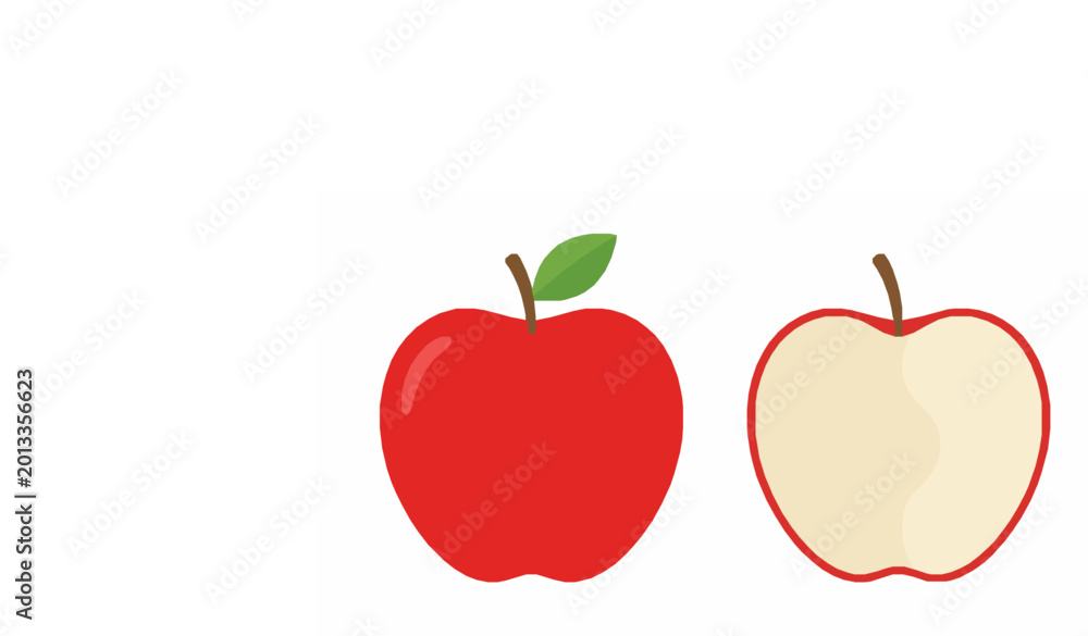 Fototapeta premium Red apple whole and half cross section flat vector illustration with seeds isolated on white background