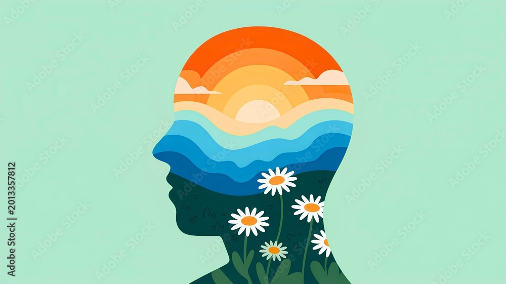Naklejka premium Tranquil Inner World Human Mind Filled with Peaceful Nature, Sunset, and Flowers