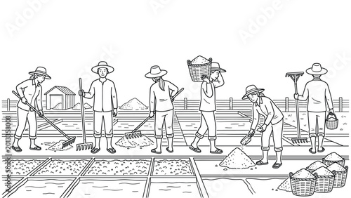 Quadro em tela People collecting sea salt from salt pan vector illustration in black and white