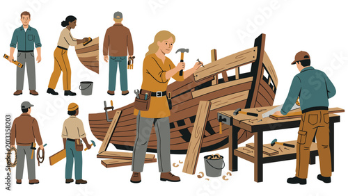 Photos Shipbuilding crew constructing wooden boat hull in outdoor workshop with carpentry tools