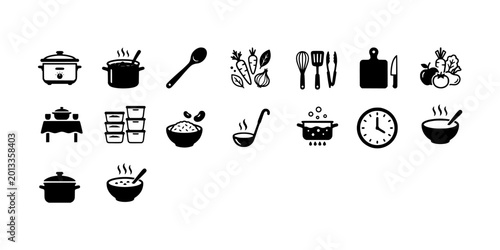 Canvastavla Icon set collection of cooking utensils and meal preparation icons featuring slow cookers, fresh ingredients, kitchen tools, and healthy soup